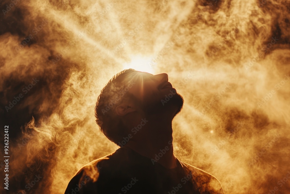 Young man praying in the smoke on the background of the rays of the sun. Worship , ai Young man praying in the smoke on the background of the rays of the sun. Worship , ai