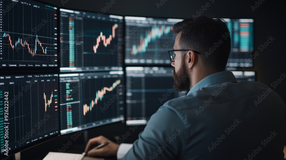 Focused trader analyzing stock market trends on multiple digital screens, demonstrating professional finance strategy and technology. Focused trader analyzing stock market trends on multiple digital screens, demonstrating professional finance strategy and technology.