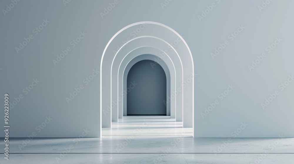 Minimalist white archway leading to an empty room with a white platform. The archway is surrounded by a gray wall. Minimalist white archway leading to an empty room with a white platform. The archway is surrounded by a gray wall.