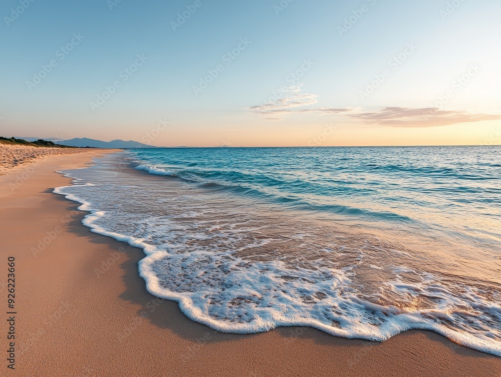Fototapeta premium Serene beach at sunset with gentle waves lapping on soft sand under a colorful sky, perfect for relaxation and inspiration.