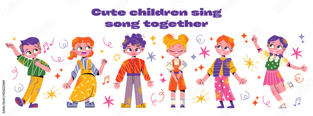 Fototapeta premium Kids singers in choir set. Cute children sing song together. Diverse vocal talented students group. Child church chorus with music performance. Flat isolated