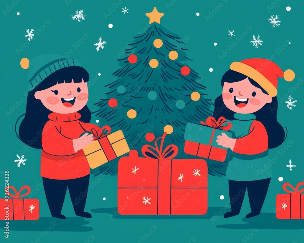 Two joyful girls exchanging gifts by a decorated Christmas tree, creating a festive and cheerful holiday atmosphere. Two joyful girls exchanging gifts by a decorated Christmas tree, creating a festive and cheerful holiday atmosphere.