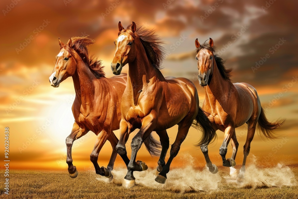 Galloping Horse in Action Scene with Two Others Under Sunset Glow