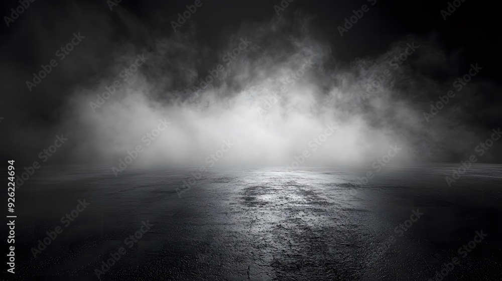 Abstract Image of a Dark Room with Concrete Floor and Black Background, Featuring Panoramic Fog, Mist, and Smog – Ideal for Product Placement or Mysterious Stage Design Abstract Image of a Dark Room with Concrete Floor and Black Background, Featuring Panoramic Fog, Mist, and Smog – Ideal for Product Placement or Mysterious Stage Design