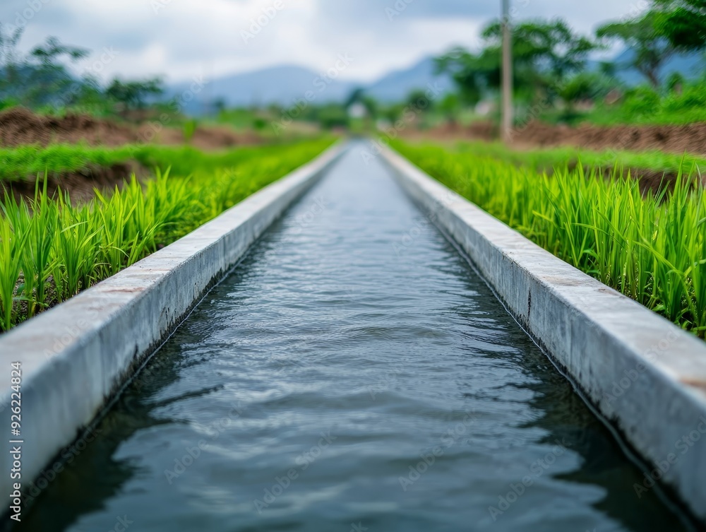 A serene view of a water channel running through lush green rice paddies under a cloudy sky, showcasing nature's beauty. A serene view of a water channel running through lush green rice paddies under a cloudy sky, showcasing nature's beauty.