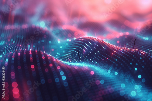 abstract technology background features a mesmerizing blend of blue, mint, and pink hues, enhanced by interlaced digital glitch and distortion effects, creating a futuristic cyberpunk design reminisc photo