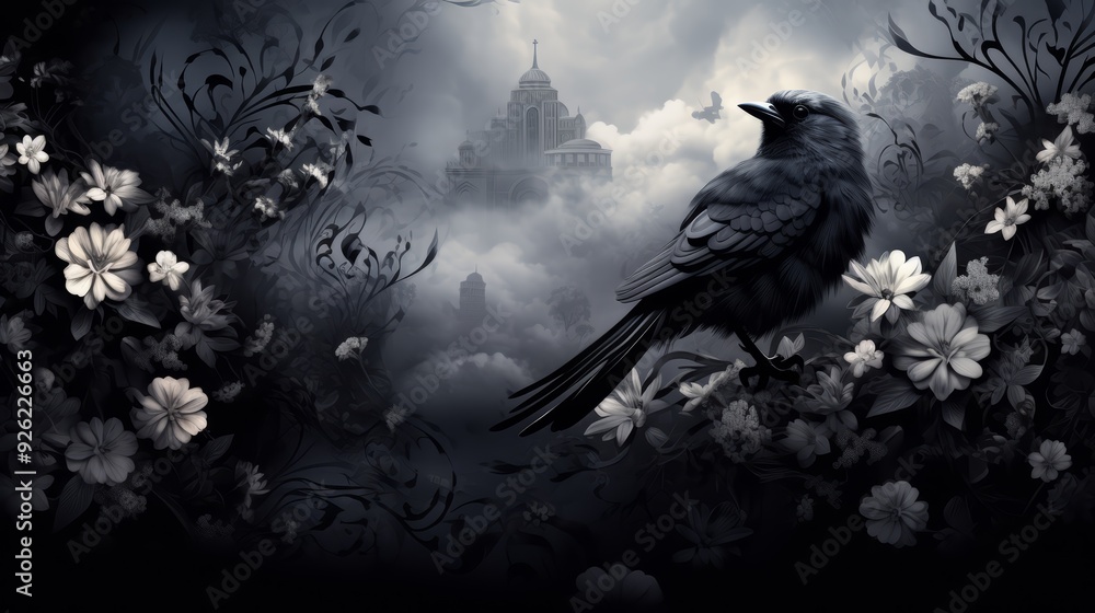 Fototapeta premium A lone black crow perches on a branch in a mysterious forest, with a distant cityscape shrouded in fog in the background.