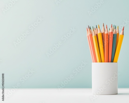 A vibrant collection of colored pencils arranged in a white cup against a soft pastel background, ideal for creative projects.