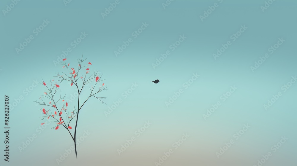 Fototapeta premium A single bare tree branch with red leaves against a blue sky with a small bird flying.