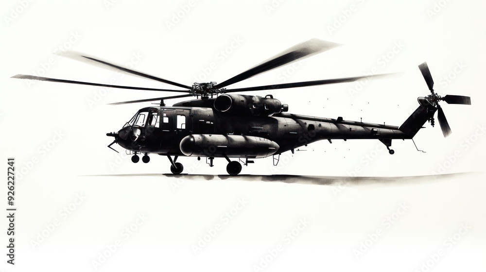 Fototapeta premium Black silhouette of a helicopter hovering against a pure white backdrop