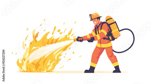 fire fighter with waterhose extinguishing fire, vector illustration in a flat style cartoon design with a simple background. activity lifestyle concept, isolated on a white color background.