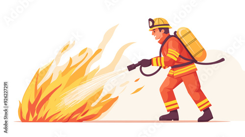 fire fighter with waterhose extinguishing fire, vector illustration in a flat style cartoon design with a simple background. activity lifestyle concept, isolated on a white color background.