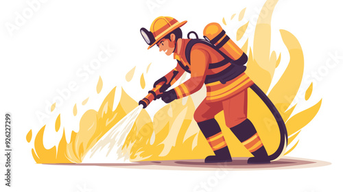 fire fighter with waterhose extinguishing fire, vector illustration in a flat style cartoon design with a simple background. activity lifestyle concept, isolated on a white color background.