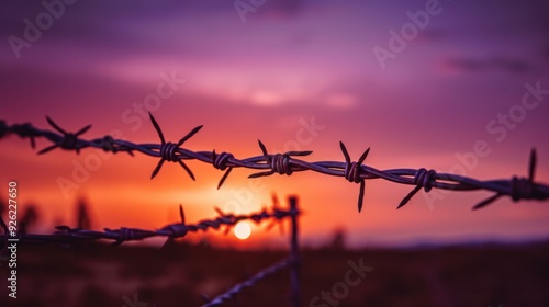 Close-up of a barbed wire fence silhouette with the setting sun in the background, photo