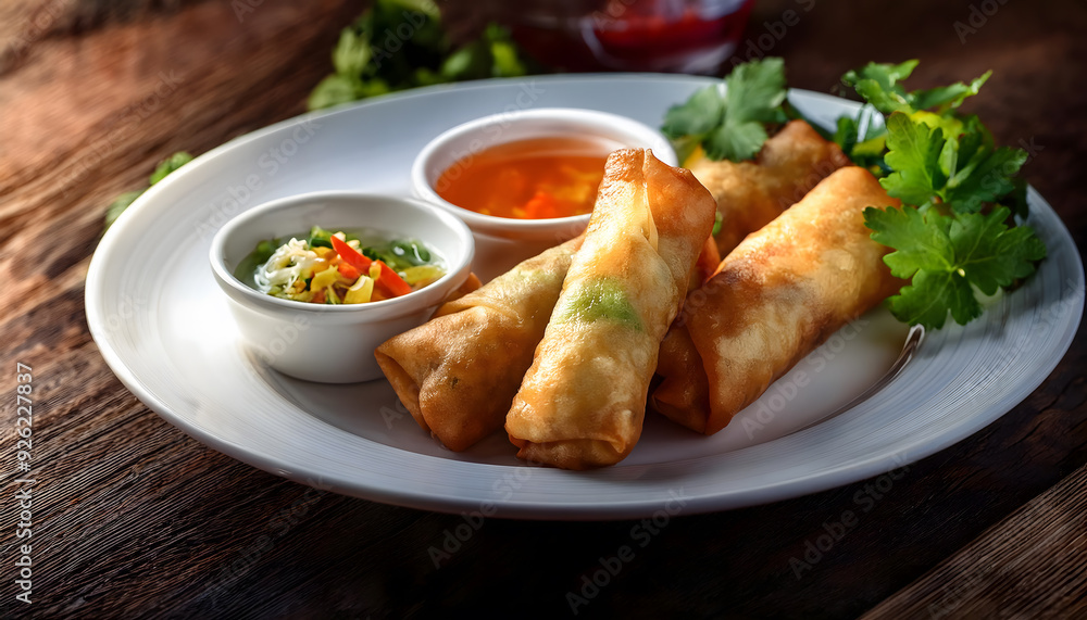 Fried spring rolls and sauces in a white plate on a wooden table Fried spring rolls and sauces in a white plate on a wooden table