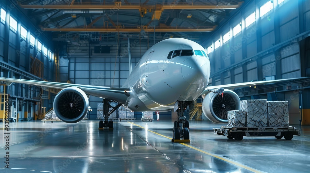 A modern airplane in a spacious hangar, ready for cargo loading. Bright lighting highlights the aircraft's sleek design. A modern airplane in a spacious hangar, ready for cargo loading. Bright lighting highlights the aircraft's sleek design.
