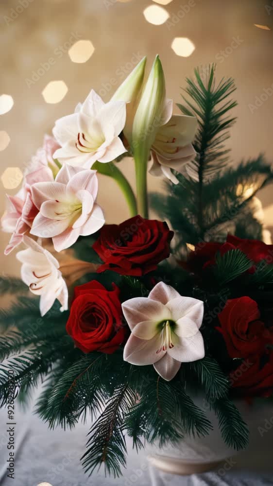 Christmas bouquet. Deep red roses and white lilies, surrounded by evergreen branches. The bouquet is set against a softly lit background with warm bokeh lights. Festive floral arrangement Christmas bouquet. Deep red roses and white lilies, surrounded by evergreen branches. The bouquet is set against a softly lit background with warm bokeh lights. Festive floral arrangement