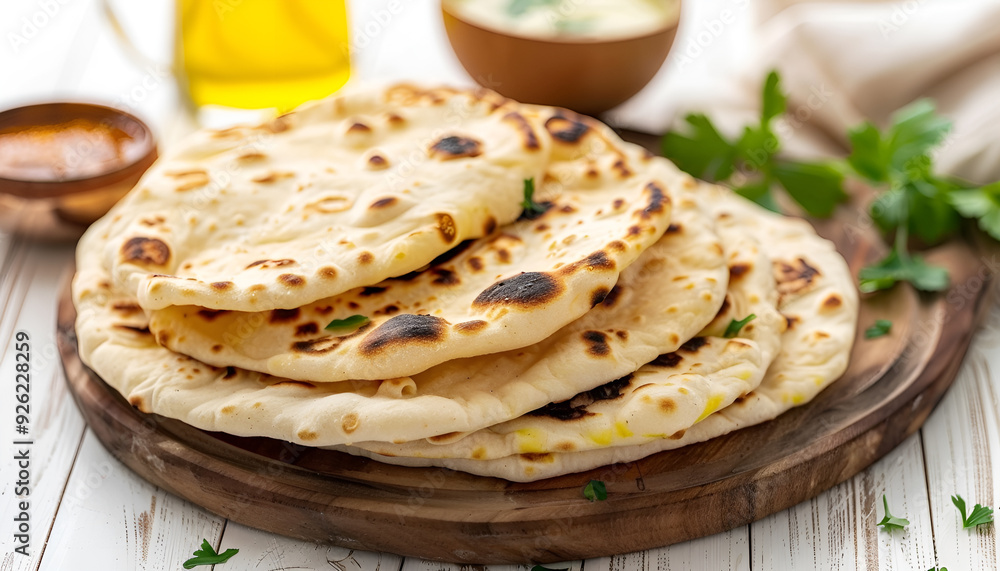 Indian naan bread on wooden board on light wooden table Indian naan bread on wooden board on light wooden table