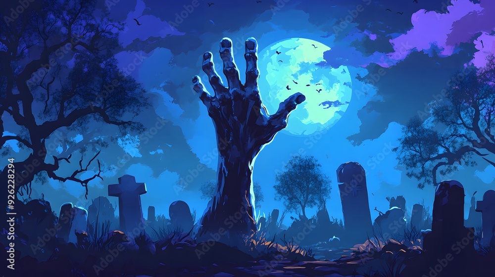 Zombie Hand Rising Out of a Graveyard on a Spooky Night – A Chilling Halloween Scene with Eerie Atmosphere and Undead Horror. Zombie Hand Rising Out of a Graveyard on a Spooky Night – A Chilling Halloween Scene with Eerie Atmosphere and Undead Horror.