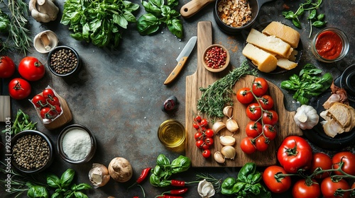 Fresh ingredients like tomatoes, garlic, and herbs lay scattered on a rustic countertop, ready for a delicious meal.