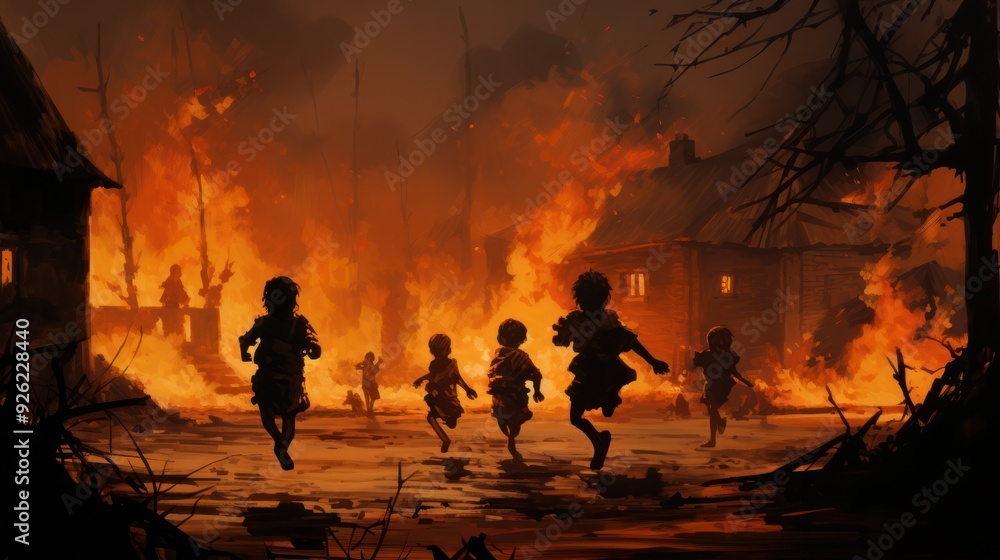 Dark silhouettes of children running away from a raging fire in a war-affected area Dark silhouettes of children running away from a raging fire in a war-affected area