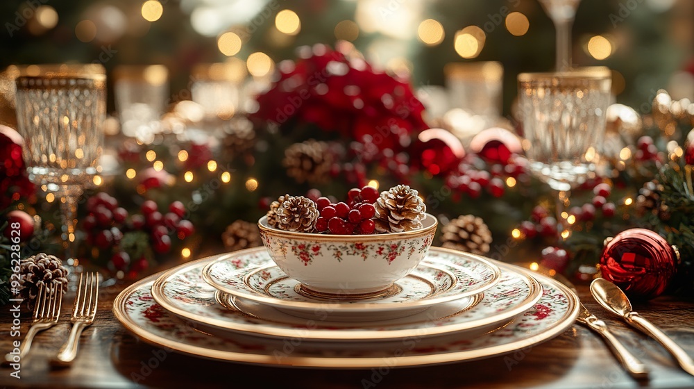 An elegant dining room set for a Christmas dinner with fine china and holiday centerpieces An elegant dining room set for a Christmas dinner with fine china and holiday centerpieces