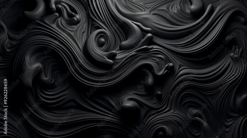 Fototapeta premium Abstract black 3d background with wavy, flowing, dynamic lines and shapes.