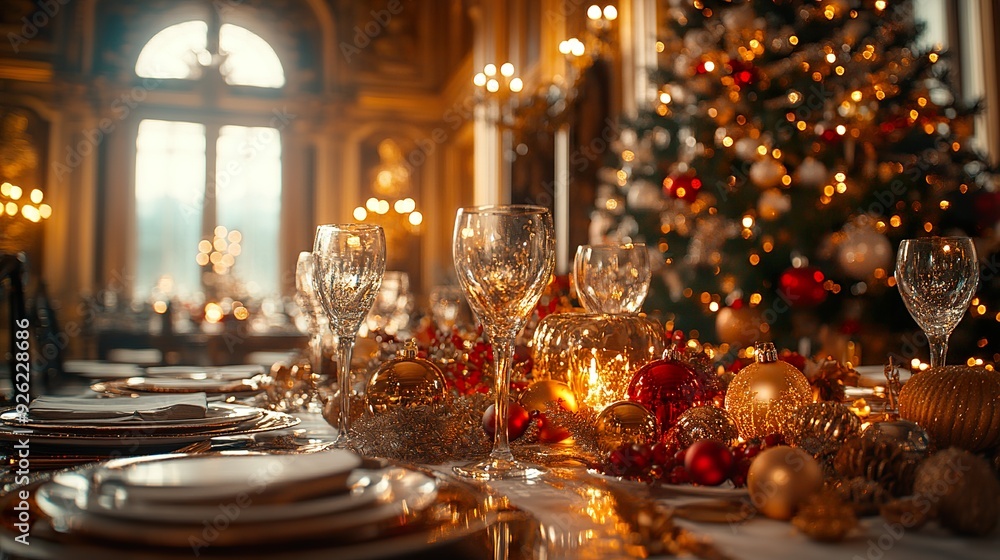 An elegant holiday gala with a beautifully set table and a stunning Christmas tree An elegant holiday gala with a beautifully set table and a stunning Christmas tree