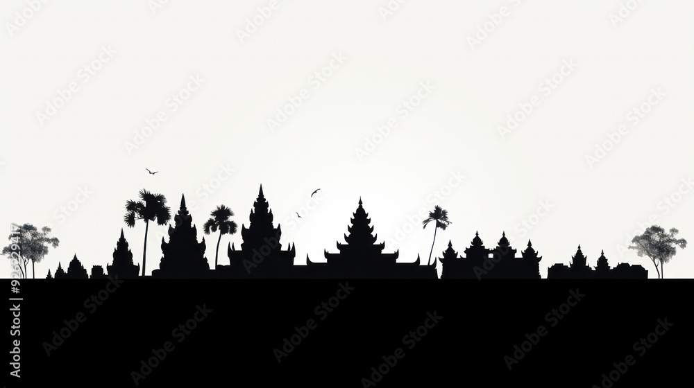 Detailed silhouette of the Preah Vihear Temple, capturing its distinctive towers and ornate design elements Detailed silhouette of the Preah Vihear Temple, capturing its distinctive towers and ornate design elements