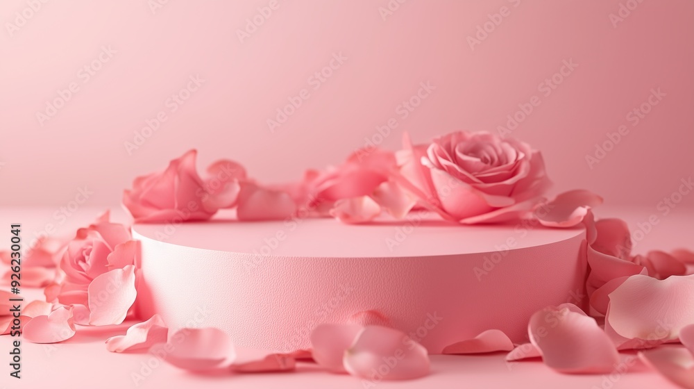 A circular pink platform surrounded by rose petals A circular pink platform surrounded by rose petals
