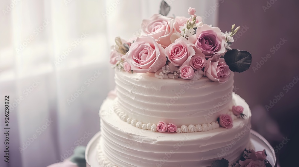 Detailed beautiful wedding cake with roses. Detailed beautiful wedding cake with roses.