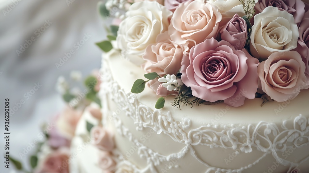 Detailed beautiful wedding cake with roses. Detailed beautiful wedding cake with roses.