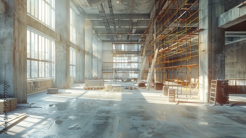 Wallpaper Mural Construction site with scaffolding around an unfinished building, exposed beams and concrete Realistic Octane Torontodigital.ca