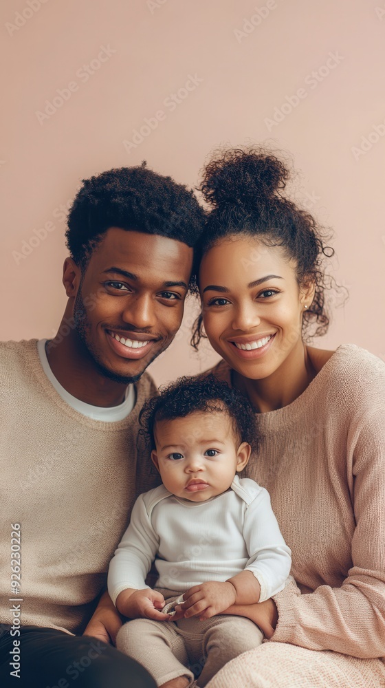 A happy couple holds their baby, all smiling against a soft pink backdrop, radiating warmth and love A happy couple holds their baby, all smiling against a soft pink backdrop, radiating warmth and love
