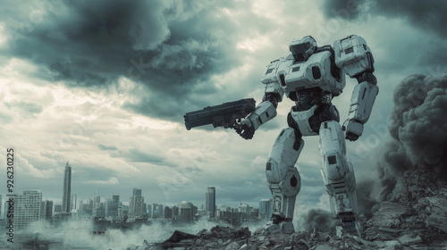 3D illustration of a sci-fi mech in an attacking pose, standing amidst city ruins with an assault gun in one hand, set against stormy clouds. Represents an apocalypse concept with a storm trooper robo