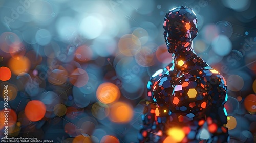 Futuristic cyborg silhouette with glowing orange hexagons, digital human android on bokeh background, artificial intelligence concept art