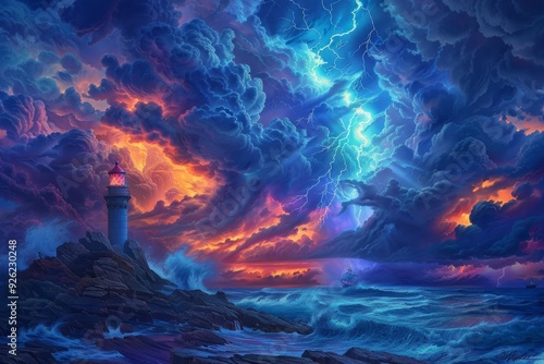 Wallpaper Mural Dramatic Thunderstorm Over Ocean with Storm Clouds and Lightning Strikes. Torontodigital.ca