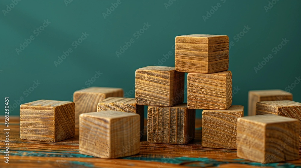 Modern Abstract 2020 Geometric Wood Blocks Composition on Table with Low Saturation Green Background Close Up, Copy Space Modern Abstract 2020 Geometric Wood Blocks Composition on Table with Low Saturation Green Background Close Up, Copy Space