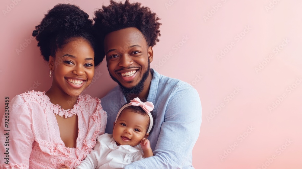 A smiling couple holds their baby, enjoying a sweet family moment with a soft pink backdrop A smiling couple holds their baby, enjoying a sweet family moment with a soft pink backdrop