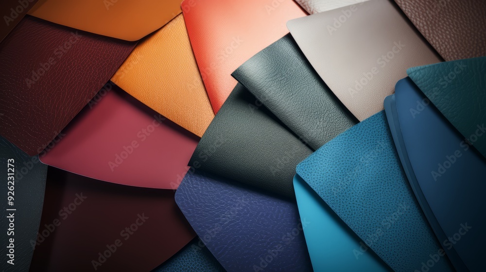 Fototapeta premium Close-up of colorful textured fabric samples arranged in an abstract pattern.