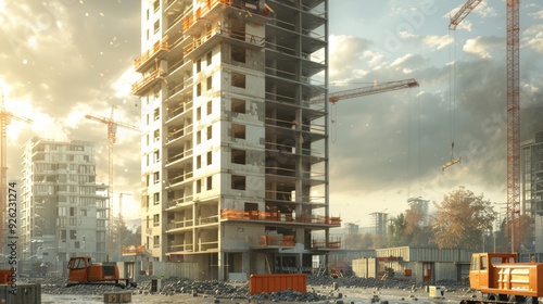 Unfinished high-rise building with cranes in the background, incomplete floors and open spaces Realistic Octane