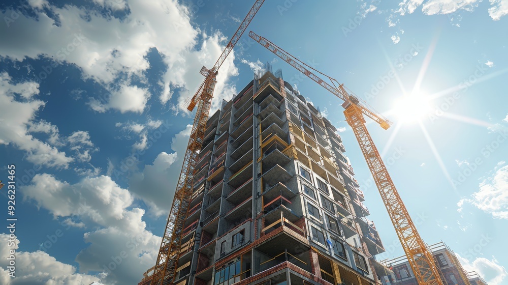 Unfinished high-rise building with cranes in the background, incomplete floors and open spaces Realistic Octane Unfinished high-rise building with cranes in the background, incomplete floors and open spaces Realistic Octane