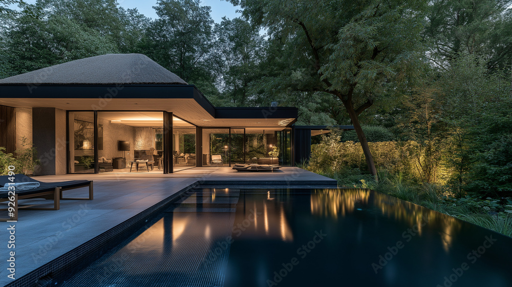 a realistic wide angle view from modern taupe plaster colored villa with black plint, thatched light grey roof, surrounded by a beautiful modern romantic garden with a lot of accent lights, a realistic wide angle view from modern taupe plaster colored villa with black plint, thatched light grey roof, surrounded by a beautiful modern romantic garden with a lot of accent lights,