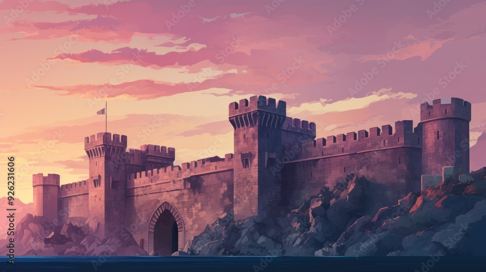 Fototapeta premium The profile of an ancient castle with tall towers and arched windows outlined against a gradient twilight sky,