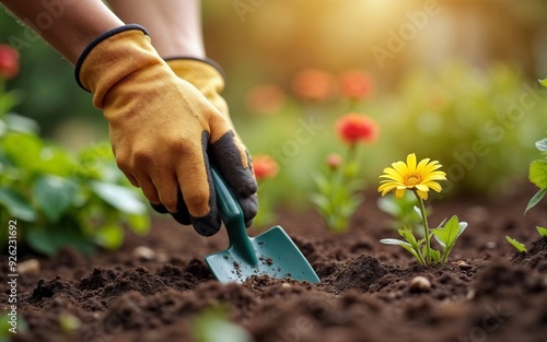 Gardening gloves close-up, hand gripping spade while planting flowers, soil and plants in background