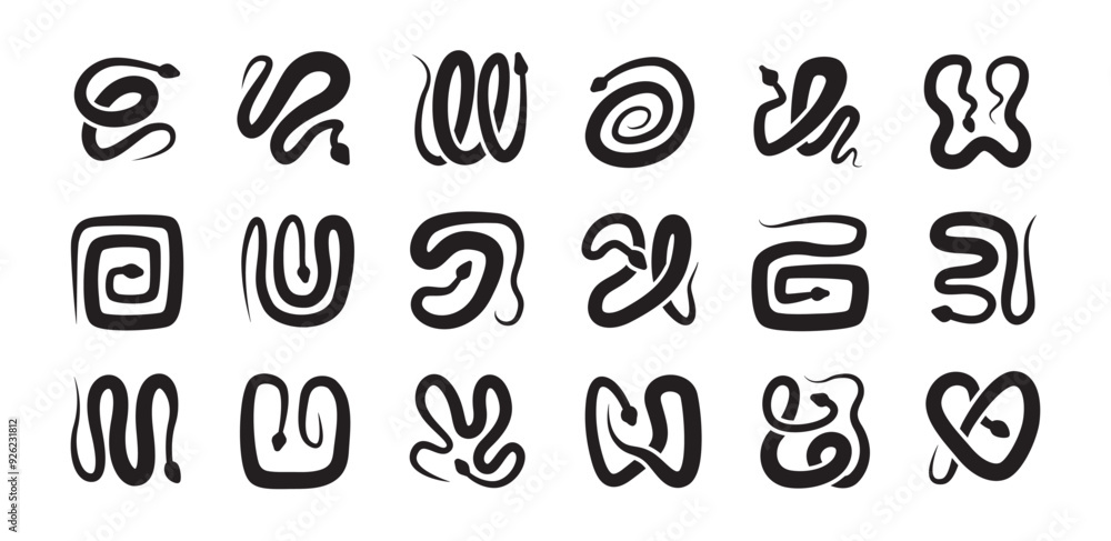 Set of snake vector silhouettes isolated on white background. Square tiles with snakes in different poses. Modern reptile illustration Set of snake vector silhouettes isolated on white background. Square tiles with snakes in different poses. Modern reptile illustration