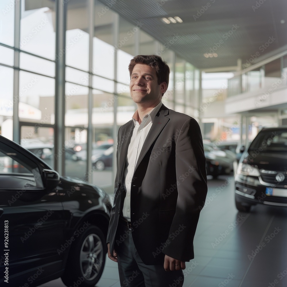 A confident businessman stands smiling in a car showroom, exuding professionalism and readiness to assist customers. A confident businessman stands smiling in a car showroom, exuding professionalism and readiness to assist customers.