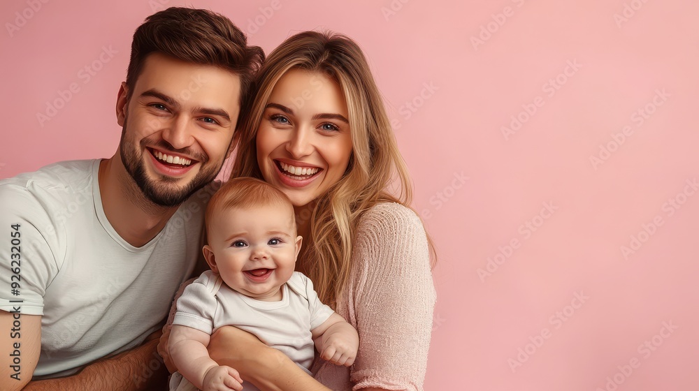 A cheerful couple cradles their laughing baby against a soft pink backdrop, enjoying a delightful family moment A cheerful couple cradles their laughing baby against a soft pink backdrop, enjoying a delightful family moment