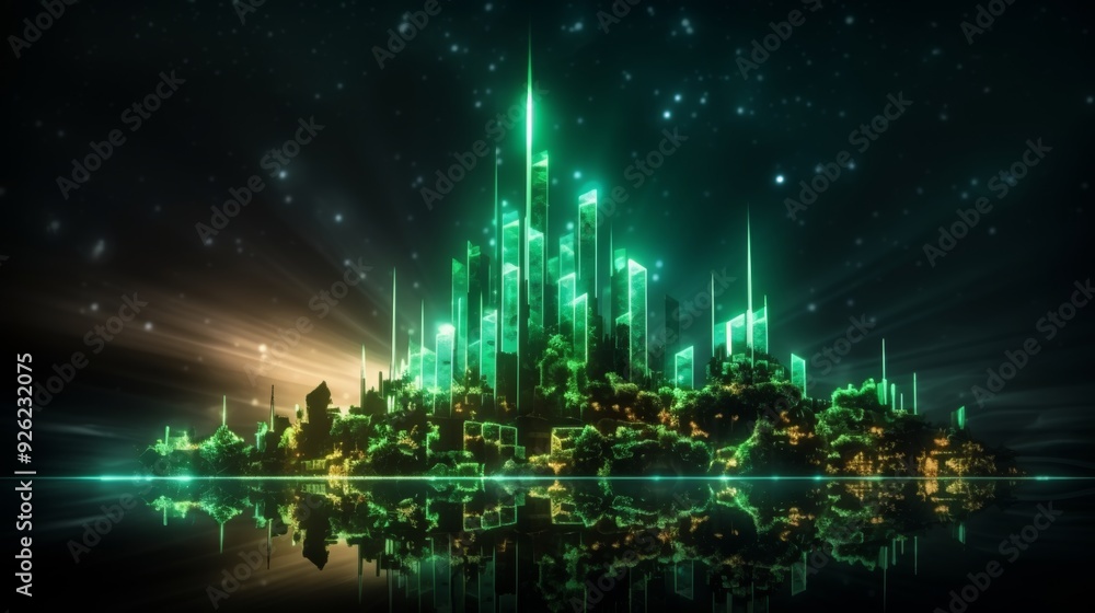 Fototapeta premium Digital green finance chart with upward green arrow symbolizing business growth and success