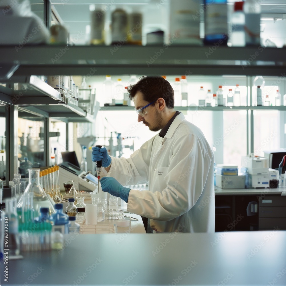 A focused scientist in a well-equipped lab conducts experiments, surrounded by various scientific instruments and glassware. A focused scientist in a well-equipped lab conducts experiments, surrounded by various scientific instruments and glassware.